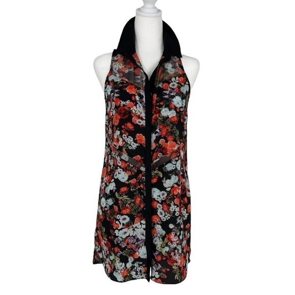 BCBG Shear Floral Sleeveless V-Neck Button Up Blouse Or Micro Mini Size XS - Picture 1 of 16